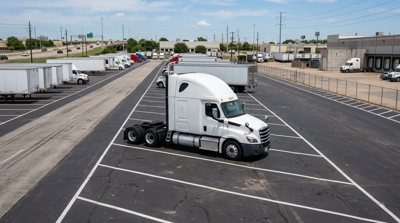 Bobtail tractor parked at a Dallas commercial truck parking facility