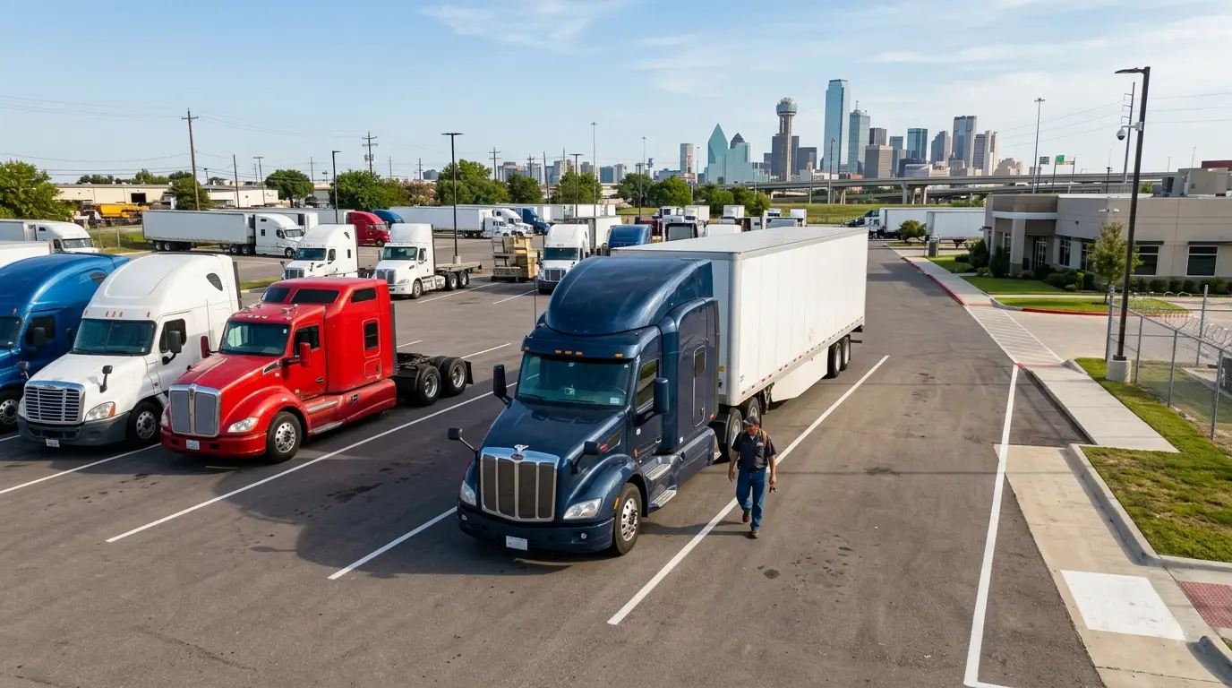 Semi truck parked at a Dallas commercial truck parking facility