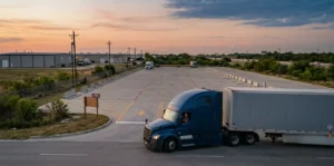 Semi truck entering a Dallas commercial truck parking lot before the end of a driving day