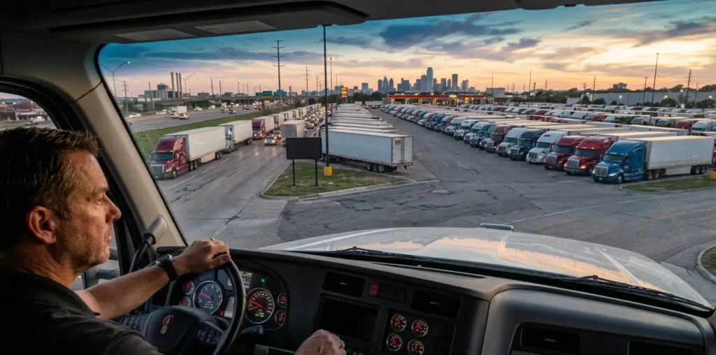 Truck driver looking for an available parking space in Dallas after a full truck stop