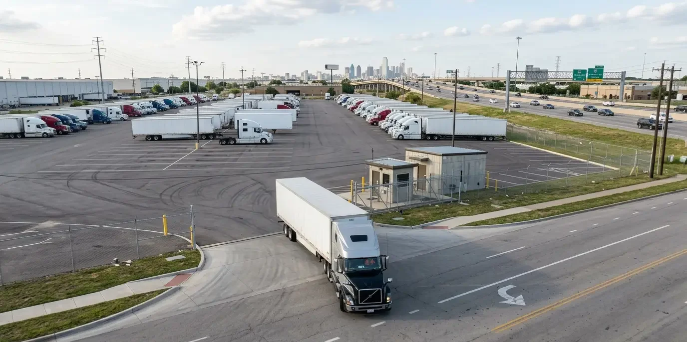 Semi truck entering a commercial parking facility near I-20 in Dallas