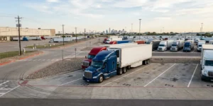 Semi truck waiting in a Dallas commercial truck staging parking lot