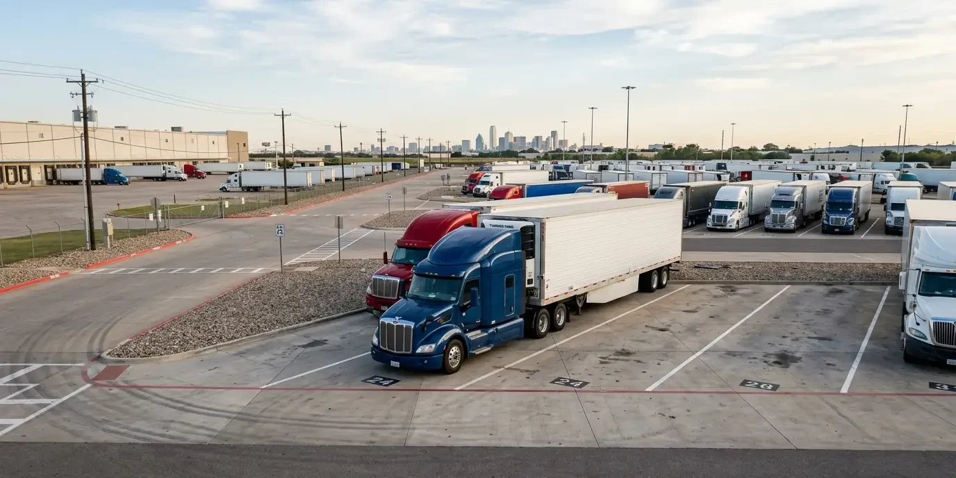 Semi truck waiting in a Dallas commercial truck staging parking lot