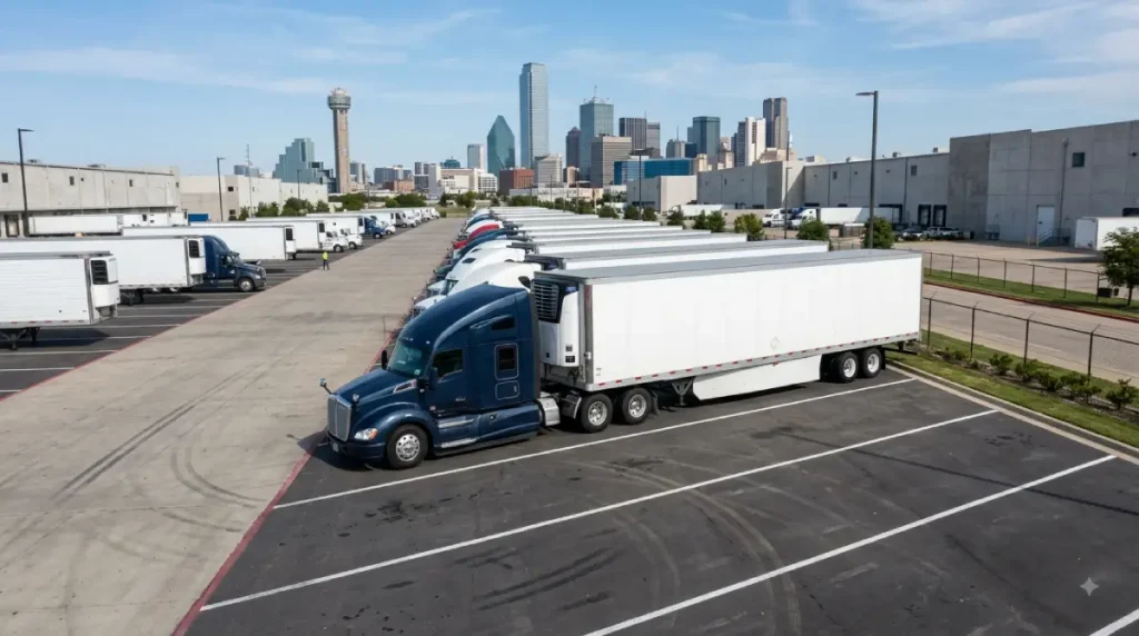 Refrigerated trailer parked at a Dallas commercial truck parking facility