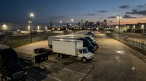 Box truck parked overnight at a Dallas commercial truck parking facility