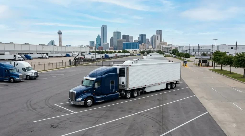 Refrigerated trailer parked at a Dallas commercial truck parking facility