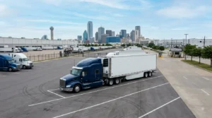 Refrigerated trailer parked at a Dallas commercial truck parking facility