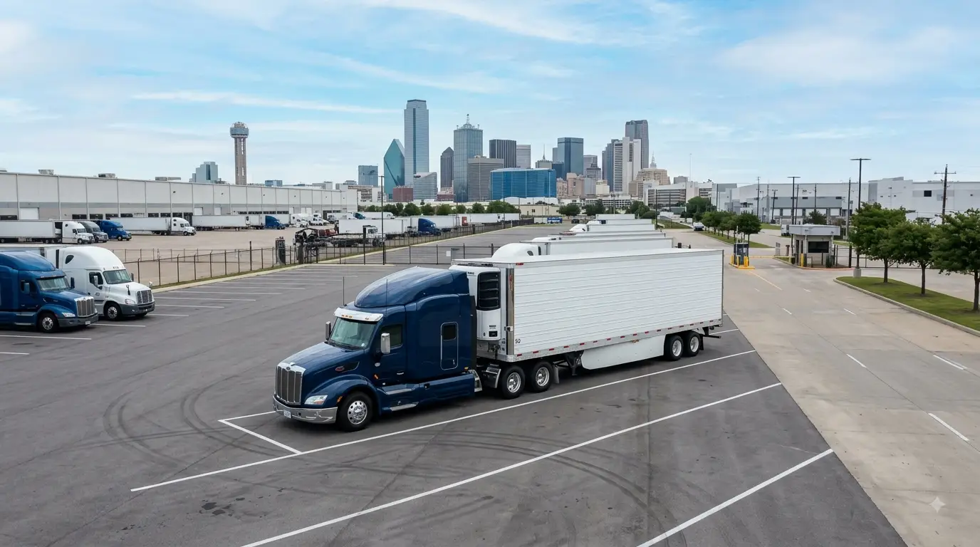 Refrigerated trailer parked at a Dallas commercial truck parking facility