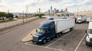 Semi truck waiting in a Dallas commercial truck parking facility during a load delay