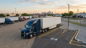 Semi truck arriving at a reserved commercial truck parking facility in Dallas