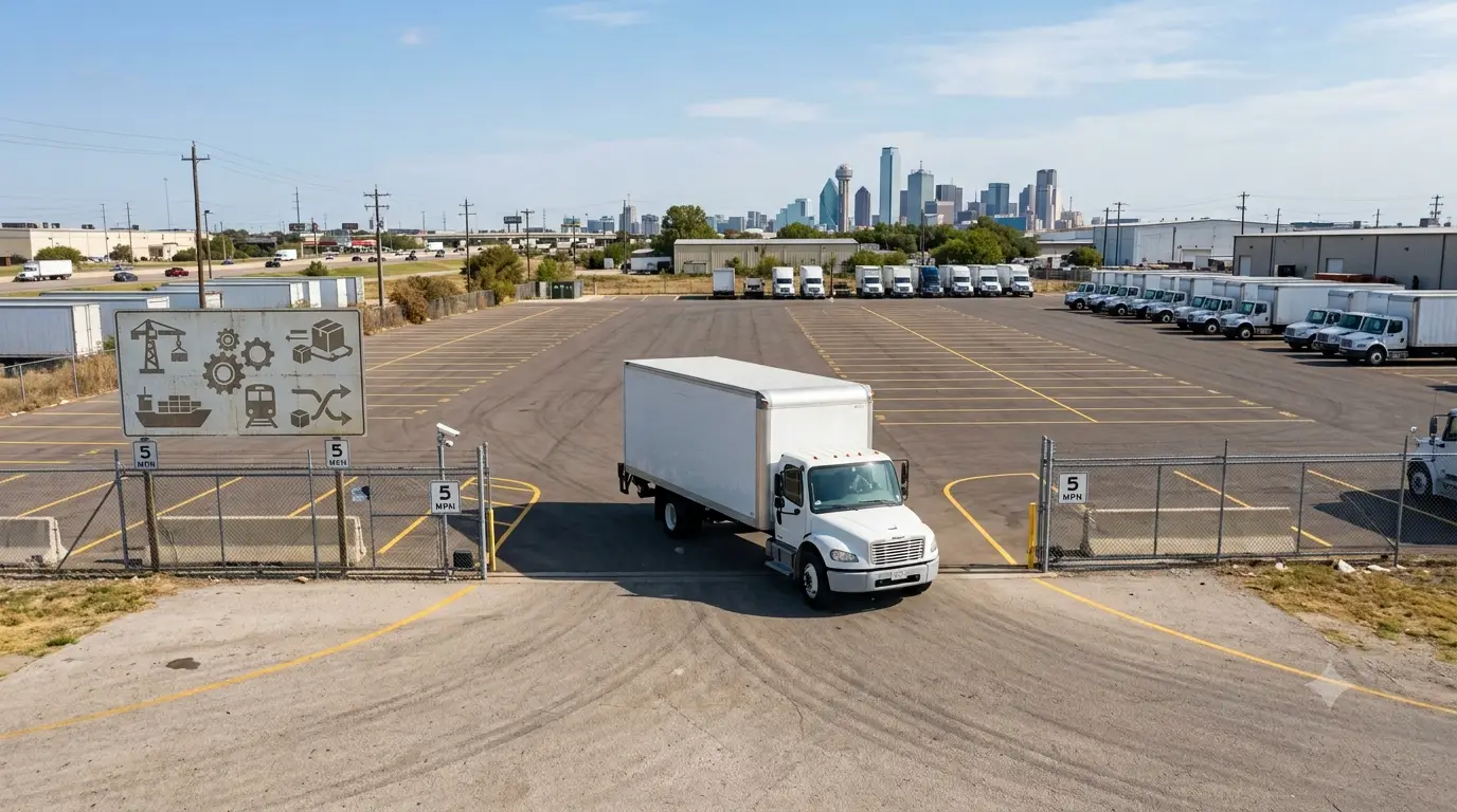 Box truck parking at a commercial truck parking facility in Dallas