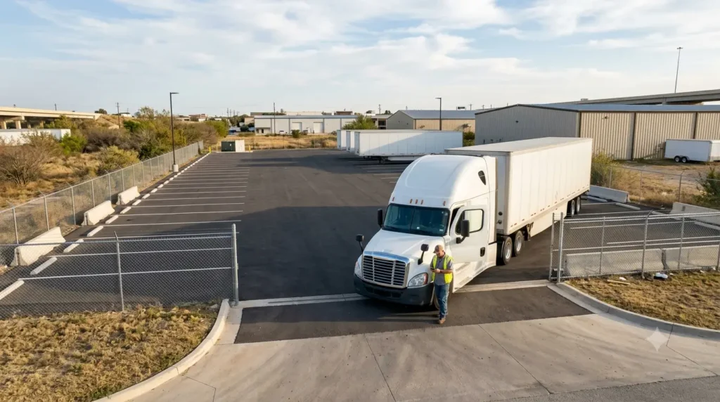 Driver evaluating a Dallas truck parking space before booking