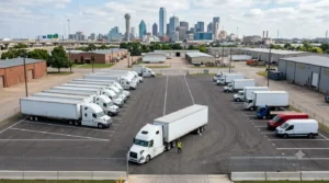 Multiple commercial trucks parked at a Dallas fleet parking facility