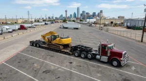 Lowboy trailer parked at a Dallas commercial truck parking facility