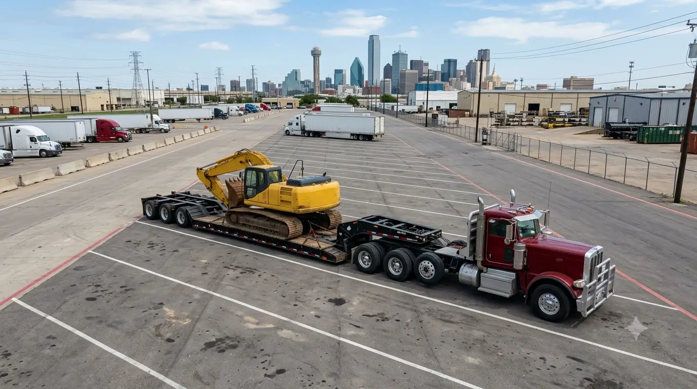 Lowboy trailer parked at a Dallas commercial truck parking facility