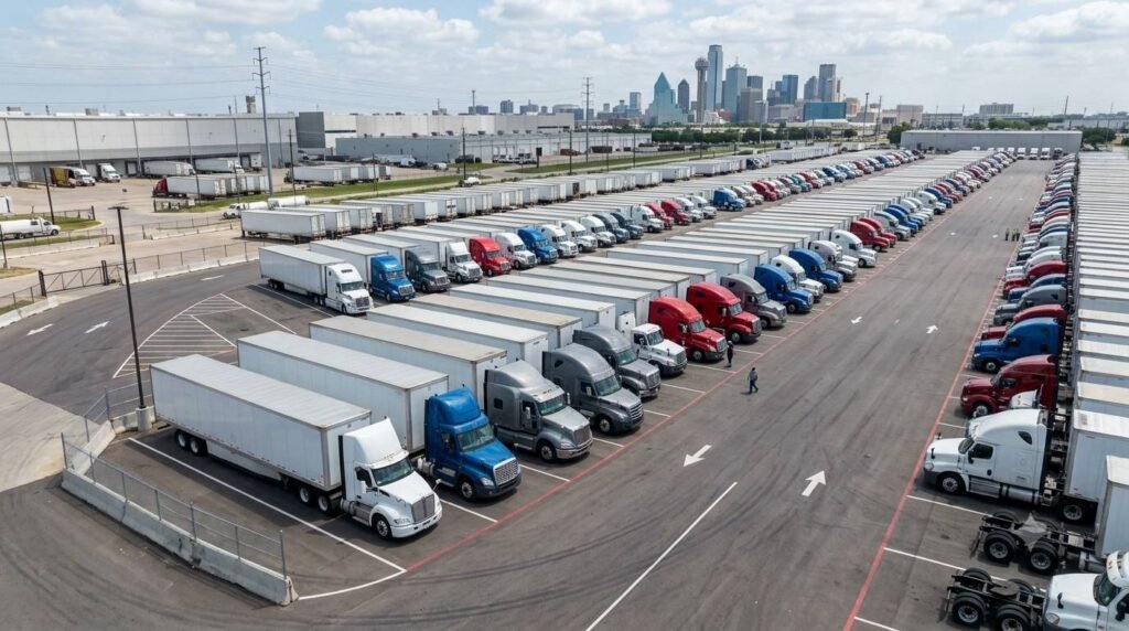 Commercial trucks organized in a shared Dallas parking lot