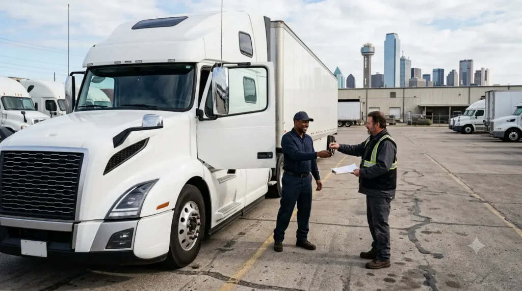 Commercial truck driver changeover at a Dallas parking facility