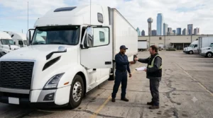 Commercial truck driver changeover at a Dallas parking facility