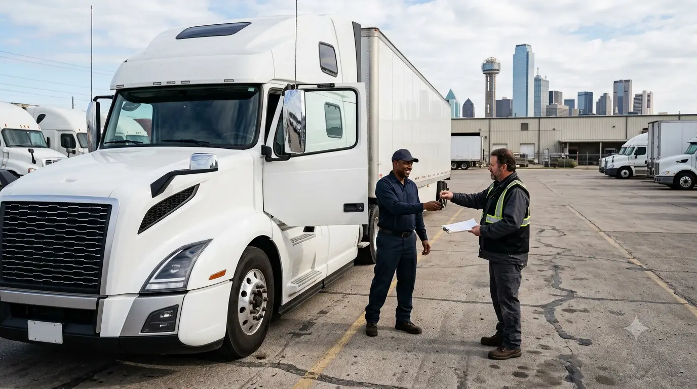 Commercial truck driver changeover at a Dallas parking facility